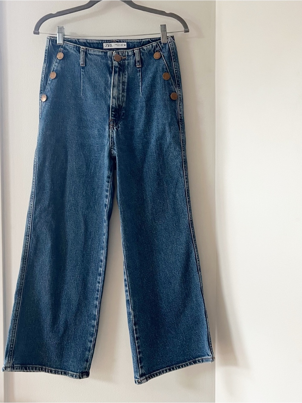 ZARA Sailor Marine Wide Leg High Waisted Denim Jeans | Size 6